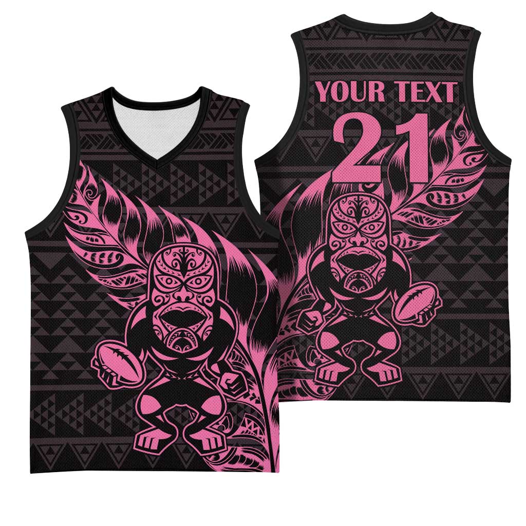 New Zealand Rugby Warrior Custom Basketball Jersey Pink Fern Taniko Motif LT9 - Polynesian Pride