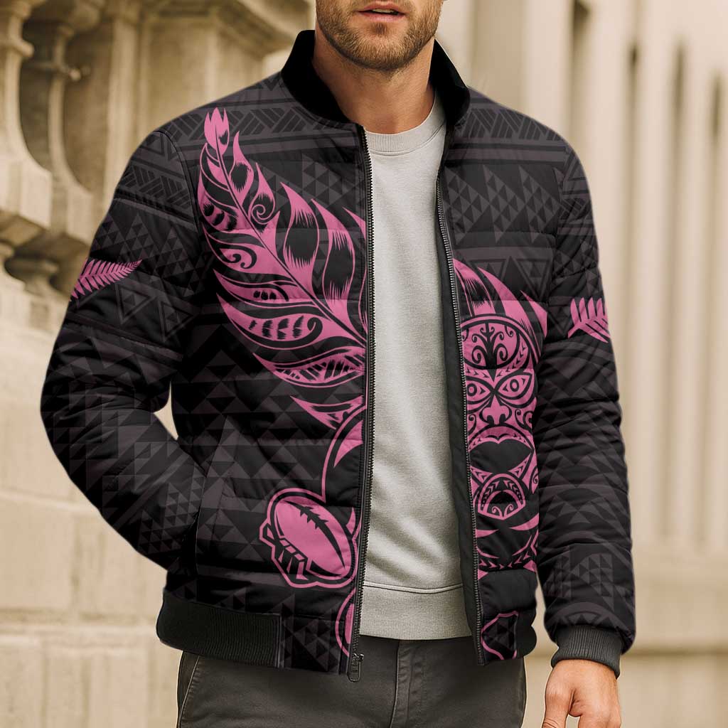 New Zealand Rugby Warrior Custom Bomber Puffer Jacket Pink Fern Taniko Motif - Polynesian Pride