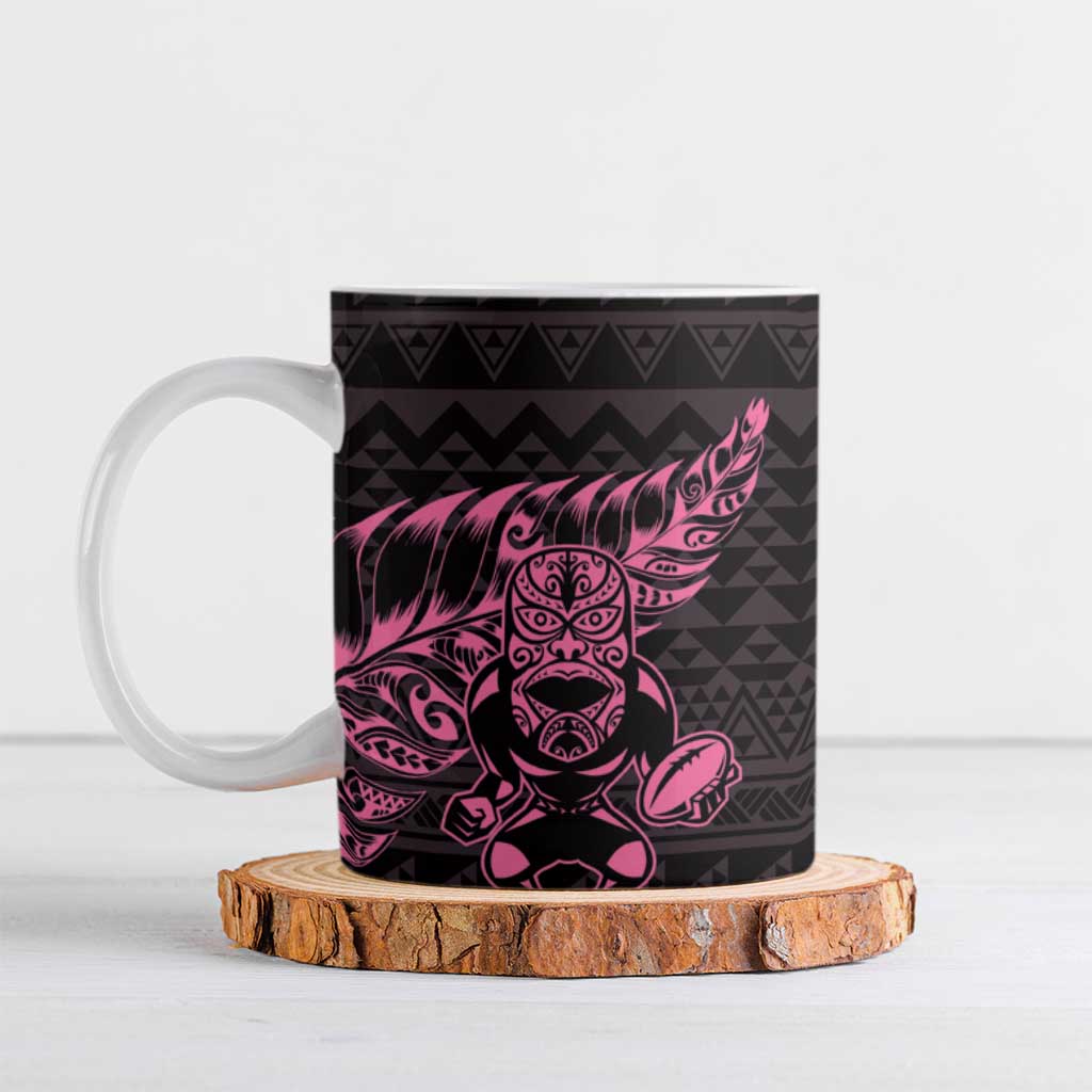 New Zealand Rugby Warrior Custom Ceramic Mug Pink Fern Taniko Motif - Polynesian Pride