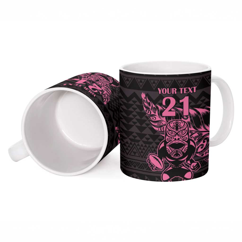 New Zealand Rugby Warrior Custom Ceramic Mug Pink Fern Taniko Motif - Polynesian Pride
