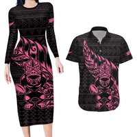 New Zealand Rugby Warrior Custom Couples Matching Long Sleeve Bodycon Dress and Hawaiian Shirt Pink Fern Taniko Motif LT9 Pink - Polynesian Pride