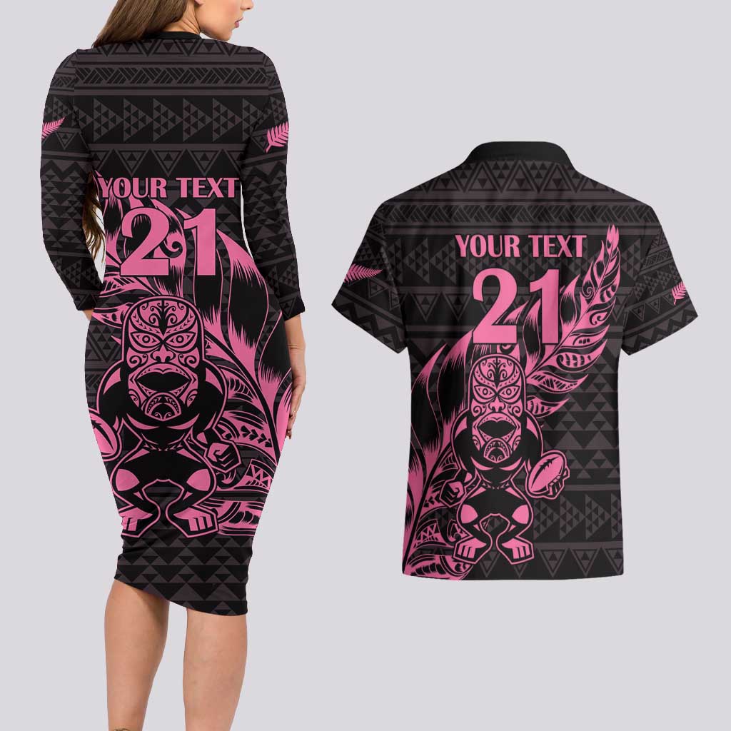 New Zealand Rugby Warrior Custom Couples Matching Long Sleeve Bodycon Dress and Hawaiian Shirt Pink Fern Taniko Motif LT9 - Polynesian Pride