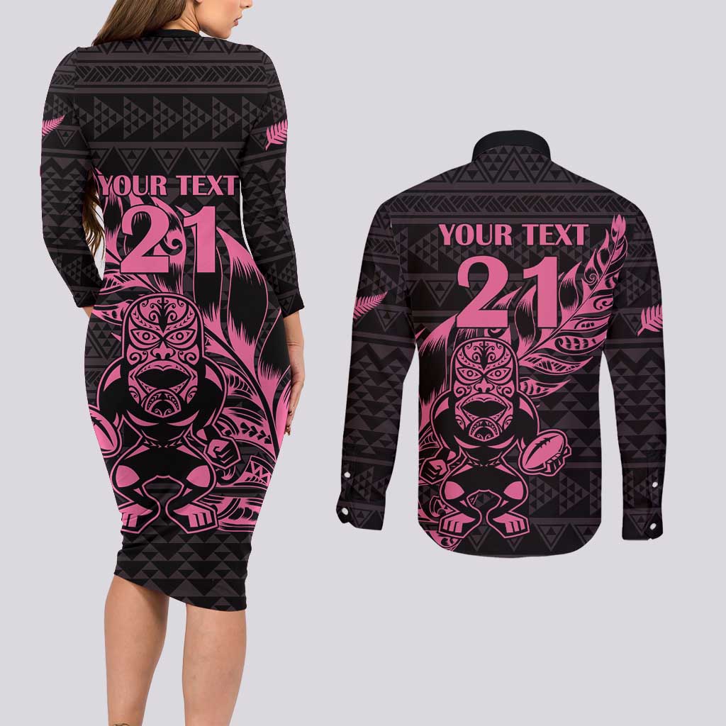 New Zealand Rugby Warrior Custom Couples Matching Long Sleeve Bodycon Dress and Long Sleeve Button Shirt Pink Fern Taniko Motif LT9 - Polynesian Pride