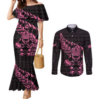 New Zealand Rugby Warrior Custom Couples Matching Mermaid Dress and Long Sleeve Button Shirt Pink Fern Taniko Motif LT9 Pink - Polynesian Pride
