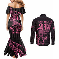 New Zealand Rugby Warrior Custom Couples Matching Mermaid Dress and Long Sleeve Button Shirt Pink Fern Taniko Motif LT9 - Polynesian Pride