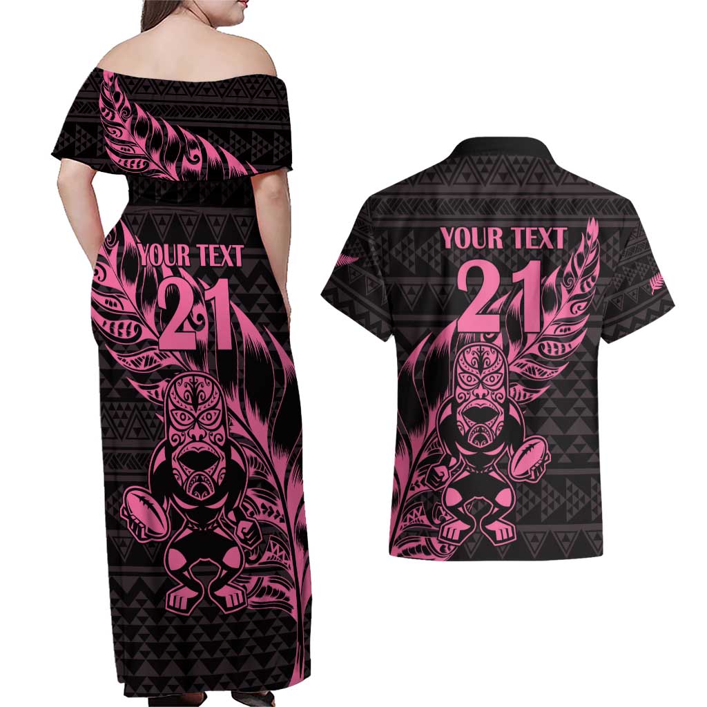 New Zealand Rugby Warrior Custom Couples Matching Off Shoulder Maxi Dress and Hawaiian Shirt Pink Fern Taniko Motif LT9 - Polynesian Pride