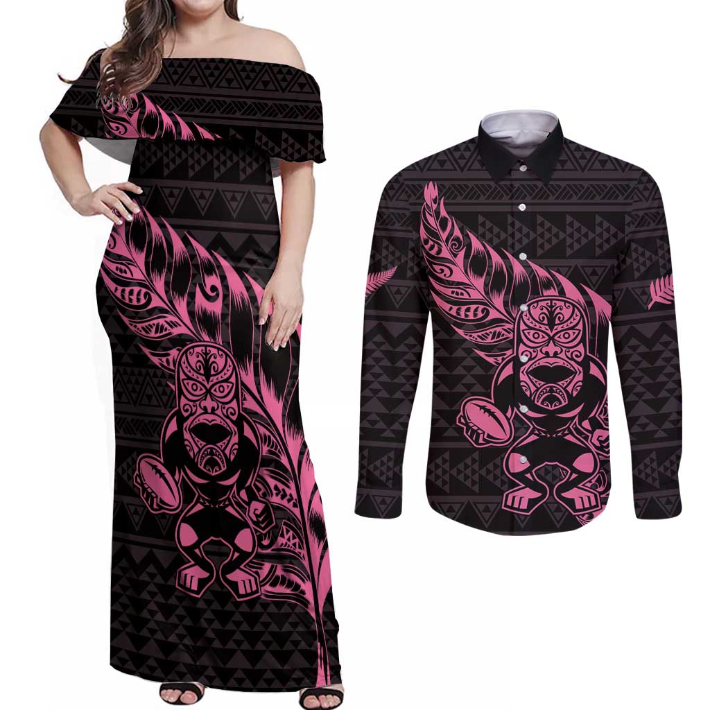 New Zealand Rugby Warrior Custom Couples Matching Off Shoulder Maxi Dress and Long Sleeve Button Shirt Pink Fern Taniko Motif LT9 Pink - Polynesian Pride
