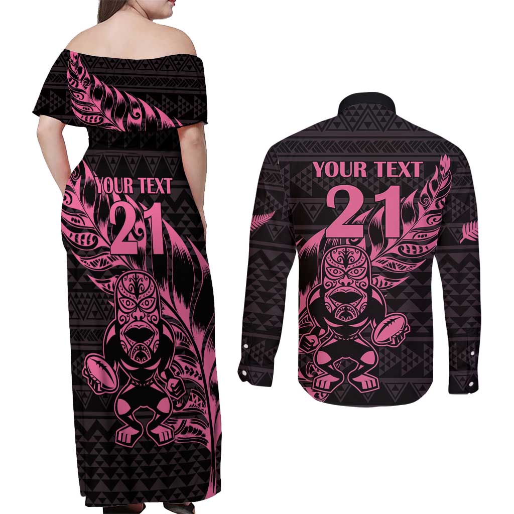 New Zealand Rugby Warrior Custom Couples Matching Off Shoulder Maxi Dress and Long Sleeve Button Shirt Pink Fern Taniko Motif LT9 - Polynesian Pride