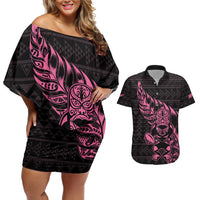 New Zealand Rugby Warrior Custom Couples Matching Off Shoulder Short Dress and Hawaiian Shirt Pink Fern Taniko Motif LT9 Pink - Polynesian Pride