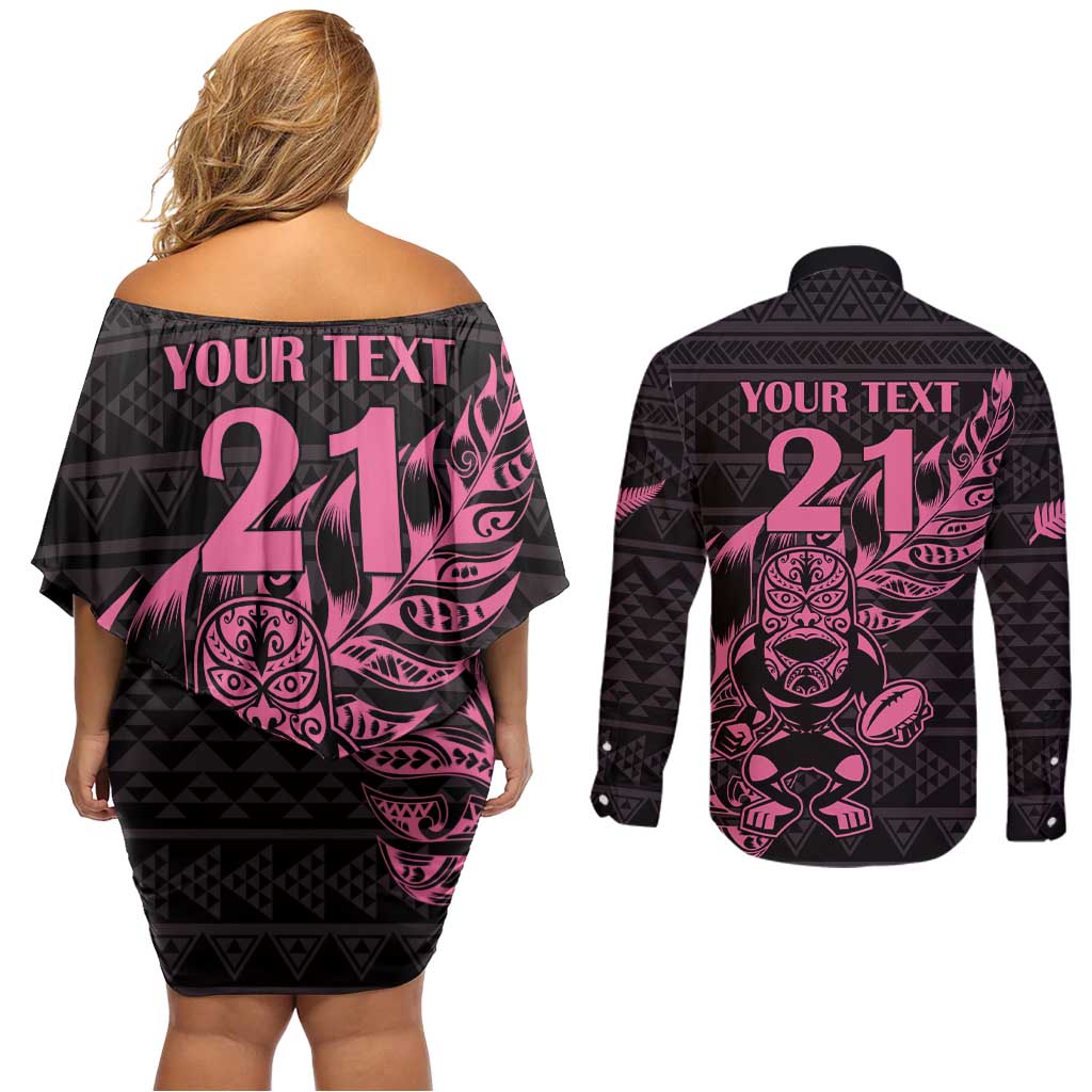 New Zealand Rugby Warrior Custom Couples Matching Off Shoulder Short Dress and Long Sleeve Button Shirt Pink Fern Taniko Motif LT9 - Polynesian Pride