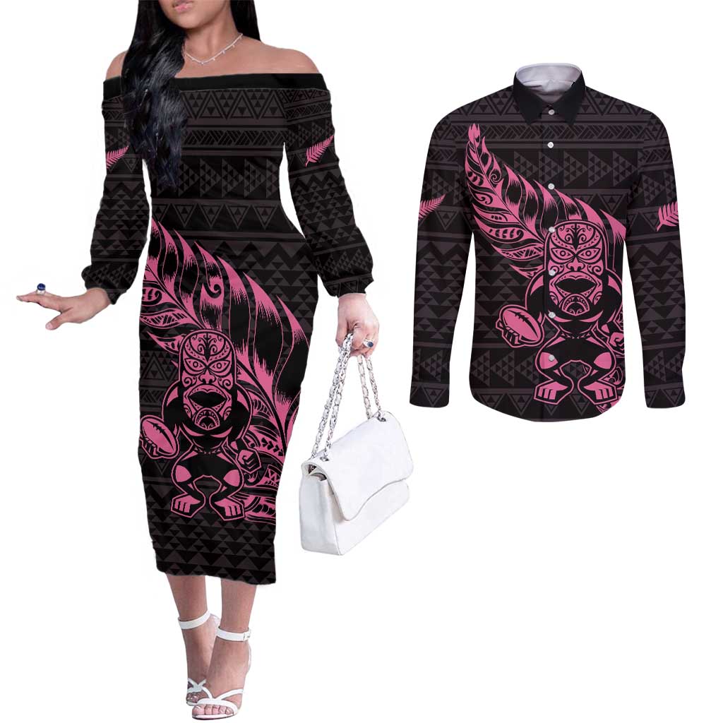 New Zealand Rugby Warrior Custom Couples Matching Off The Shoulder Long Sleeve Dress and Long Sleeve Button Shirt Pink Fern Taniko Motif LT9 Pink - Polynesian Pride