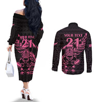 New Zealand Rugby Warrior Custom Couples Matching Off The Shoulder Long Sleeve Dress and Long Sleeve Button Shirt Pink Fern Taniko Motif LT9 - Polynesian Pride