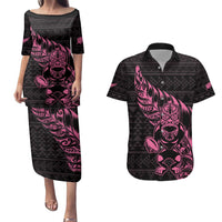 New Zealand Rugby Warrior Custom Couples Matching Puletasi and Hawaiian Shirt Pink Fern Taniko Motif LT9 Pink - Polynesian Pride