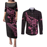 New Zealand Rugby Warrior Custom Couples Matching Puletasi and Long Sleeve Button Shirt Pink Fern Taniko Motif LT9 Pink - Polynesian Pride