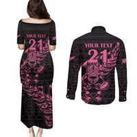 New Zealand Rugby Warrior Custom Couples Matching Puletasi and Long Sleeve Button Shirt Pink Fern Taniko Motif LT9 - Polynesian Pride