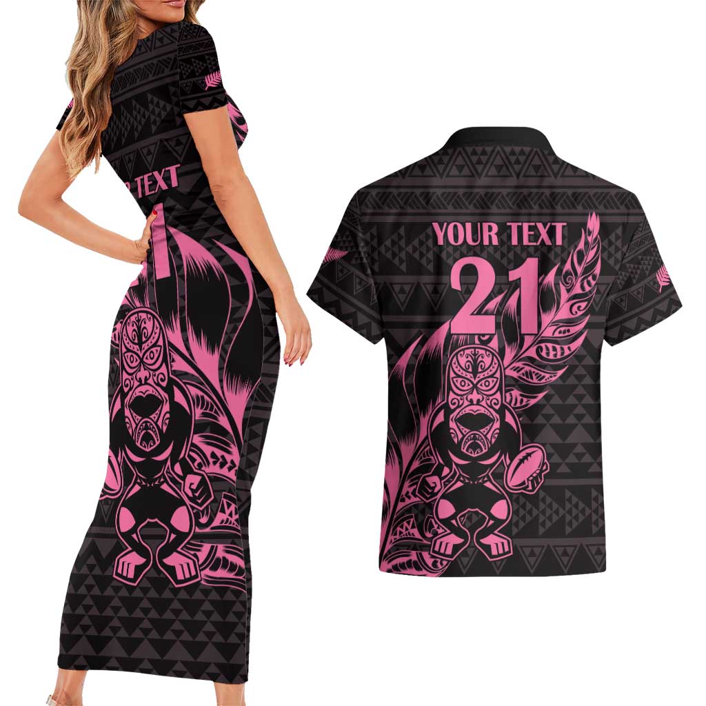 New Zealand Rugby Warrior Custom Couples Matching Short Sleeve Bodycon Dress and Hawaiian Shirt Pink Fern Taniko Motif LT9 - Polynesian Pride