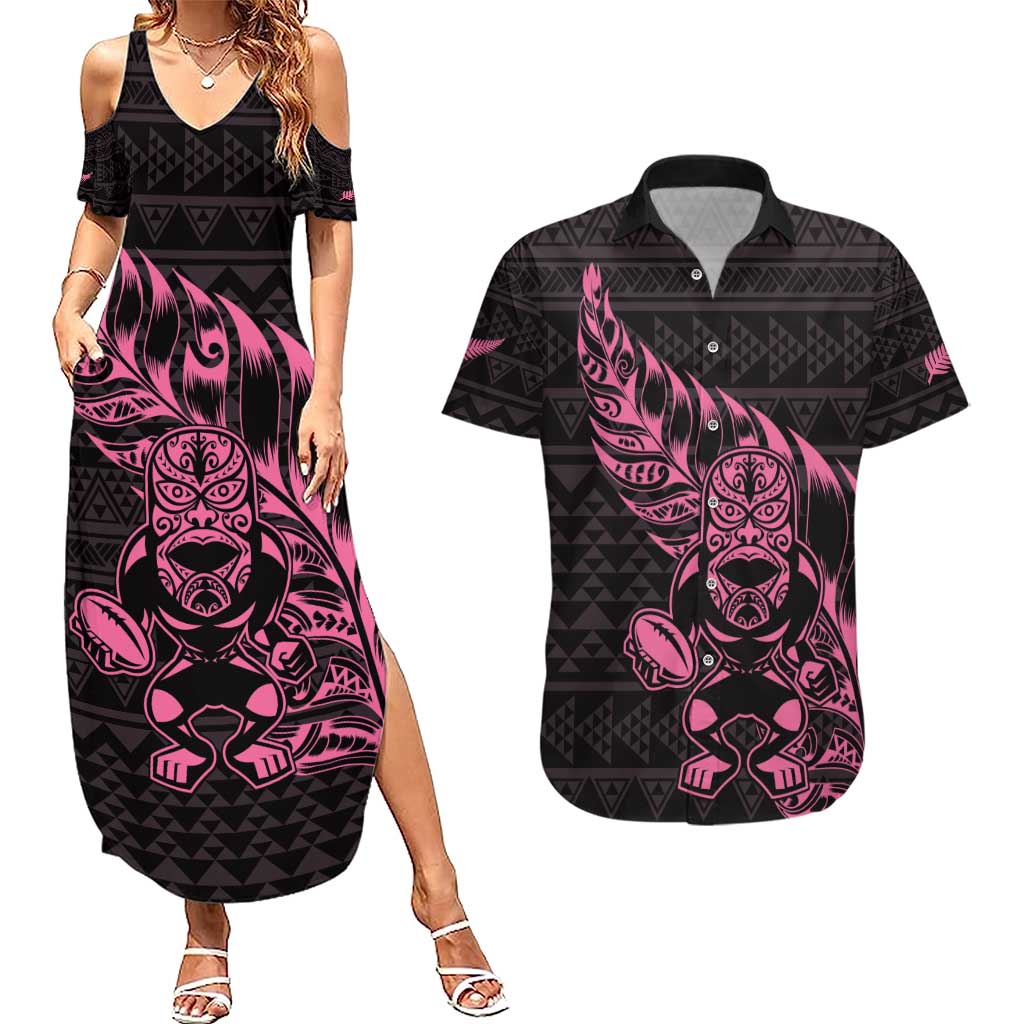 New Zealand Rugby Warrior Custom Couples Matching Summer Maxi Dress and Hawaiian Shirt Pink Fern Taniko Motif LT9 Pink - Polynesian Pride
