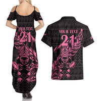 New Zealand Rugby Warrior Custom Couples Matching Summer Maxi Dress and Hawaiian Shirt Pink Fern Taniko Motif LT9 - Polynesian Pride