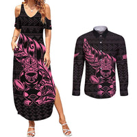 New Zealand Rugby Warrior Custom Couples Matching Summer Maxi Dress and Long Sleeve Button Shirt Pink Fern Taniko Motif LT9 Pink - Polynesian Pride