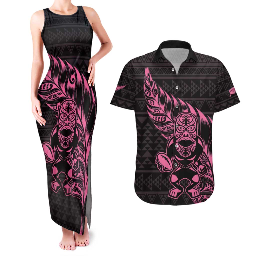 New Zealand Rugby Warrior Custom Couples Matching Tank Maxi Dress and Hawaiian Shirt Pink Fern Taniko Motif LT9 Pink - Polynesian Pride