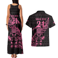 New Zealand Rugby Warrior Custom Couples Matching Tank Maxi Dress and Hawaiian Shirt Pink Fern Taniko Motif LT9 - Polynesian Pride