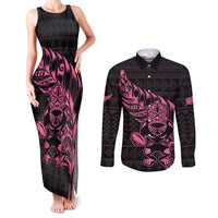New Zealand Rugby Warrior Custom Couples Matching Tank Maxi Dress and Long Sleeve Button Shirt Pink Fern Taniko Motif LT9 Pink - Polynesian Pride