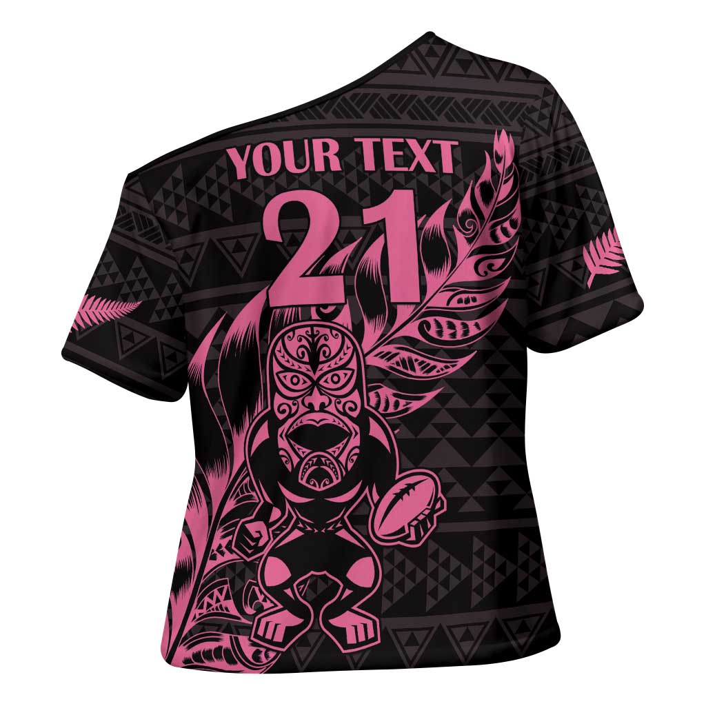 New Zealand Rugby Warrior Custom Cross Shoulder Shirt Pink Fern Taniko Motif LT9 - Polynesian Pride