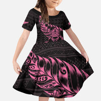 New Zealand Rugby Warrior Custom Family Matching Long Sleeve Bodycon Dress and Hawaiian Shirt Pink Fern Taniko Motif LT9 Daughter's Dress Pink - Polynesian Pride