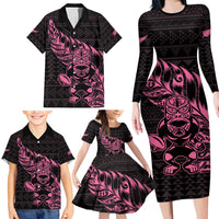 New Zealand Rugby Warrior Custom Family Matching Long Sleeve Bodycon Dress and Hawaiian Shirt Pink Fern Taniko Motif LT9 - Polynesian Pride