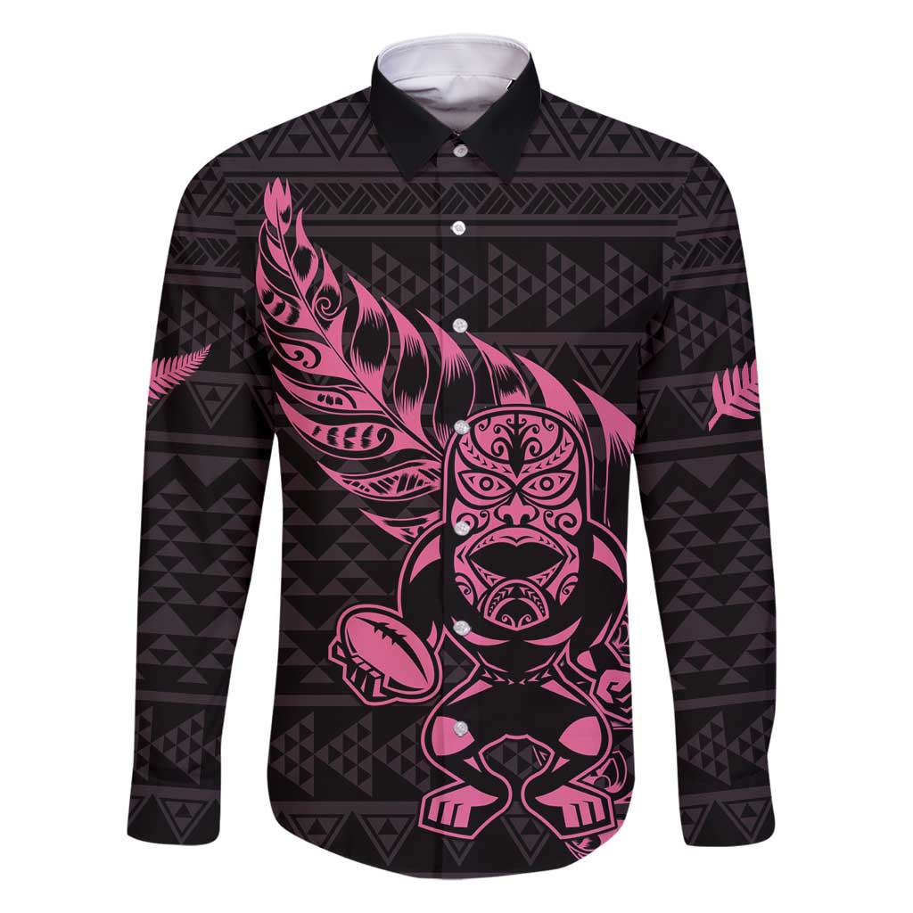 New Zealand Rugby Warrior Custom Family Matching Long Sleeve Bodycon Dress and Hawaiian Shirt Pink Fern Taniko Motif LT9 Dad's Shirt - Long Sleeve Pink - Polynesian Pride