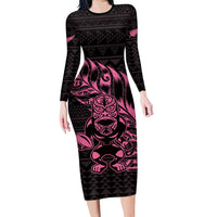 New Zealand Rugby Warrior Custom Family Matching Long Sleeve Bodycon Dress and Hawaiian Shirt Pink Fern Taniko Motif LT9 Mom's Dress Pink - Polynesian Pride