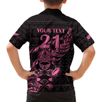 New Zealand Rugby Warrior Custom Family Matching Off The Shoulder Long Sleeve Dress and Hawaiian Shirt Pink Fern Taniko Motif LT9 - Polynesian Pride