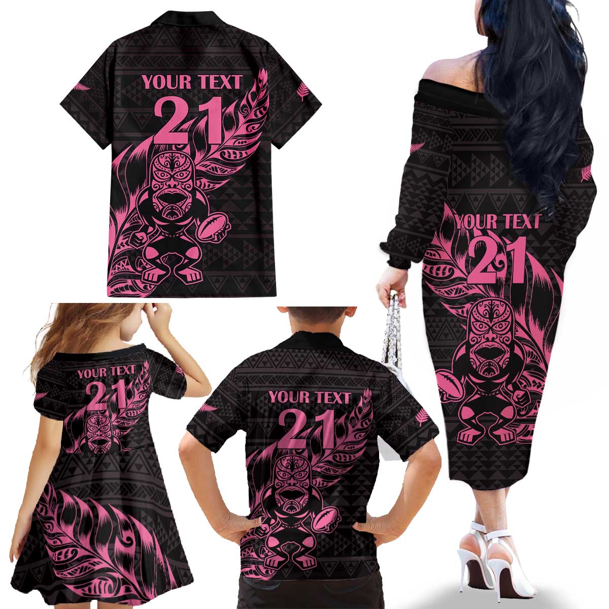 New Zealand Rugby Warrior Custom Family Matching Off The Shoulder Long Sleeve Dress and Hawaiian Shirt Pink Fern Taniko Motif LT9 - Polynesian Pride