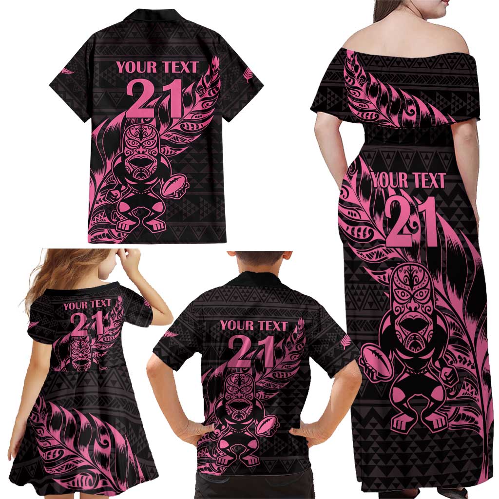 New Zealand Rugby Warrior Custom Family Matching Off Shoulder Maxi Dress and Hawaiian Shirt Pink Fern Taniko Motif LT9 - Polynesian Pride