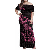 New Zealand Rugby Warrior Custom Family Matching Off Shoulder Maxi Dress and Hawaiian Shirt Pink Fern Taniko Motif LT9 Mom's Dress Pink - Polynesian Pride