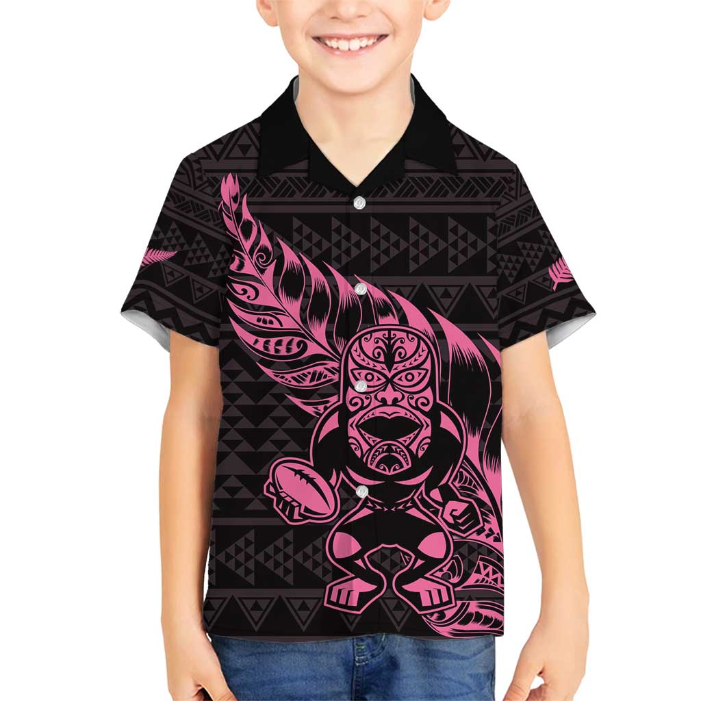New Zealand Rugby Warrior Custom Family Matching Off Shoulder Maxi Dress and Hawaiian Shirt Pink Fern Taniko Motif LT9 Son's Shirt Pink - Polynesian Pride