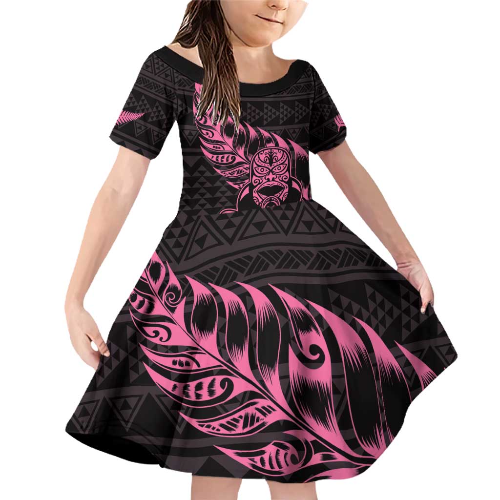 New Zealand Rugby Warrior Custom Family Matching Off Shoulder Short Dress and Hawaiian Shirt Pink Fern Taniko Motif LT9 Daughter's Dress Pink - Polynesian Pride