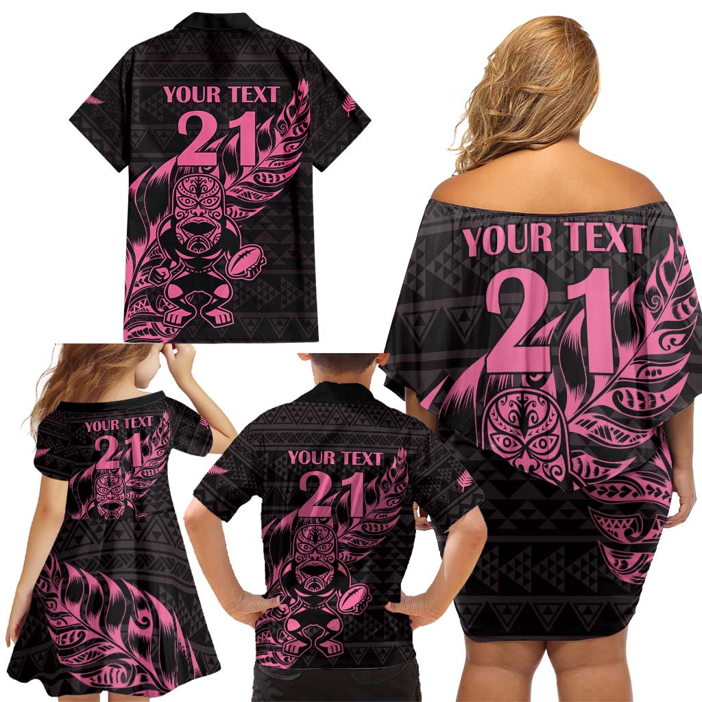 New Zealand Rugby Warrior Custom Family Matching Off Shoulder Short Dress and Hawaiian Shirt Pink Fern Taniko Motif LT9 - Polynesian Pride