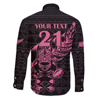 New Zealand Rugby Warrior Custom Family Matching Off Shoulder Short Dress and Hawaiian Shirt Pink Fern Taniko Motif LT9 - Polynesian Pride