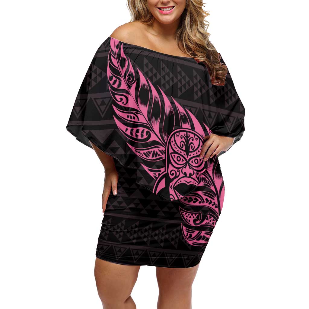 New Zealand Rugby Warrior Custom Family Matching Off Shoulder Short Dress and Hawaiian Shirt Pink Fern Taniko Motif LT9 Mom's Dress Pink - Polynesian Pride