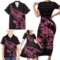 New Zealand Rugby Warrior Custom Family Matching Short Sleeve Bodycon Dress and Hawaiian Shirt Pink Fern Taniko Motif LT9 - Polynesian Pride