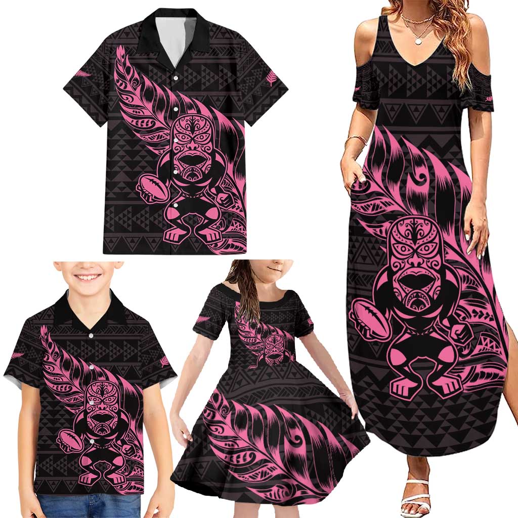 New Zealand Rugby Warrior Custom Family Matching Summer Maxi Dress and Hawaiian Shirt Pink Fern Taniko Motif LT9 - Polynesian Pride