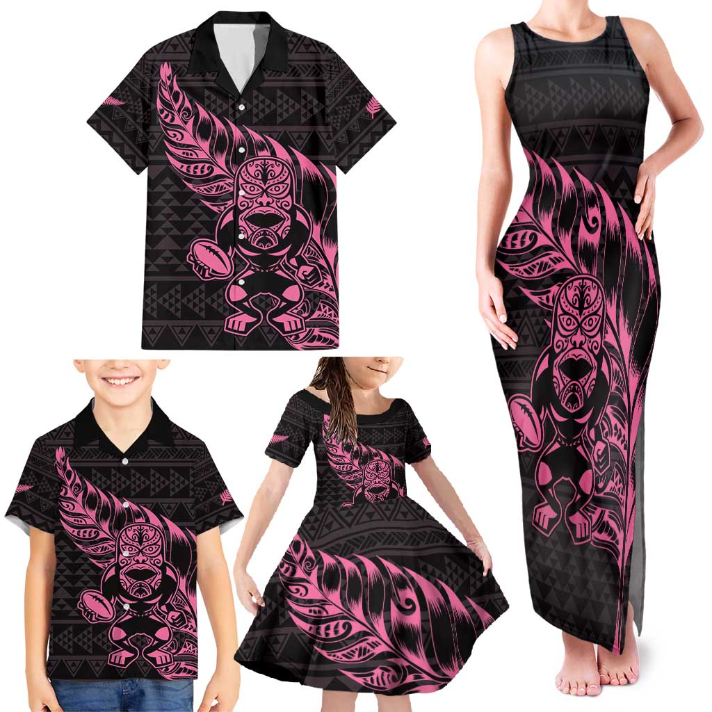 New Zealand Rugby Warrior Custom Family Matching Tank Maxi Dress and Hawaiian Shirt Pink Fern Taniko Motif LT9 - Polynesian Pride
