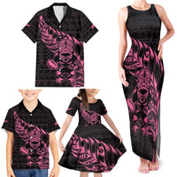 New Zealand Rugby Warrior Custom Family Matching Tank Maxi Dress and Hawaiian Shirt Pink Fern Taniko Motif LT9 - Polynesian Pride