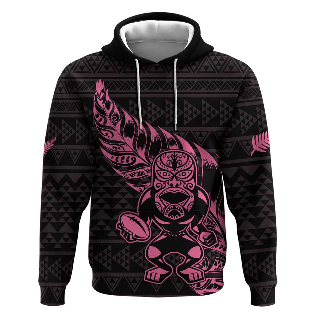 New Zealand Rugby Warrior Custom Hoodie Pink Fern Taniko Motif LT9 Pullover Hoodie Pink - Polynesian Pride