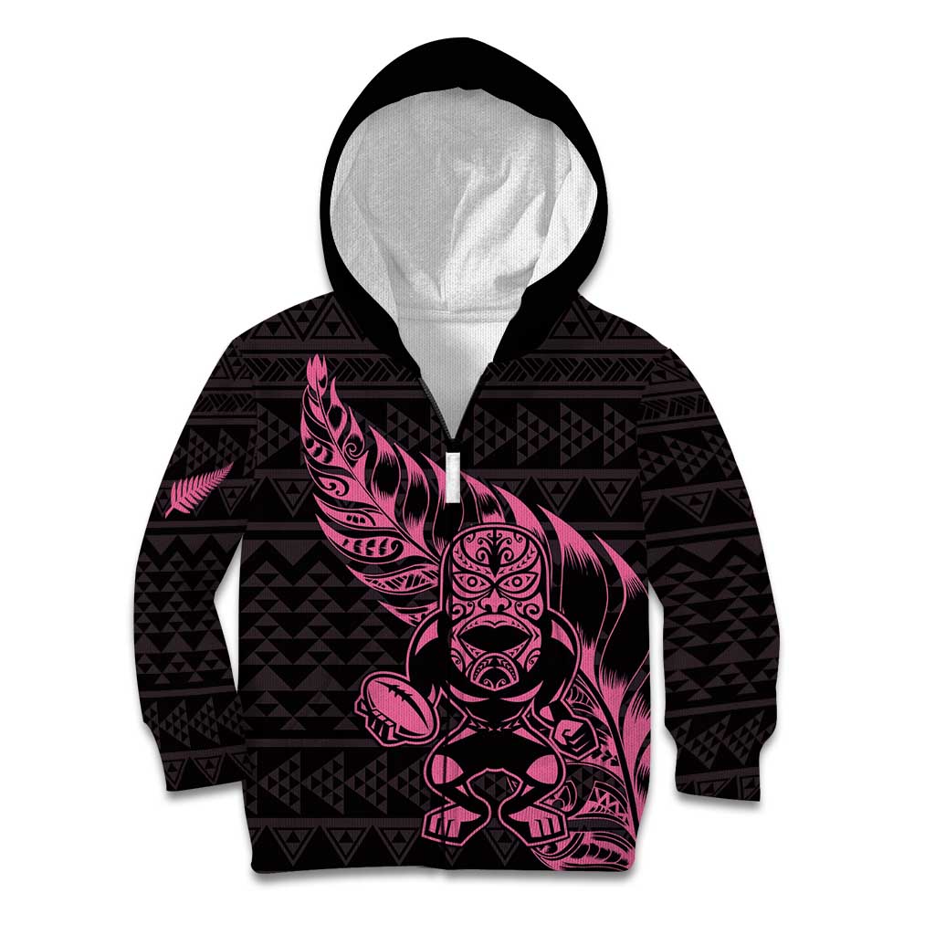 New Zealand Rugby Warrior Custom Kid Hoodie Pink Fern Taniko Motif LT9 Zip Hoodie Pink - Polynesian Pride