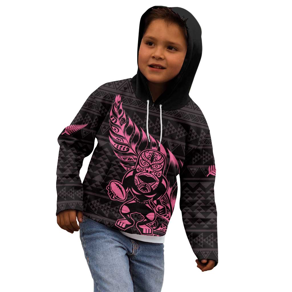 New Zealand Rugby Warrior Custom Kid Hoodie Pink Fern Taniko Motif LT9 - Polynesian Pride