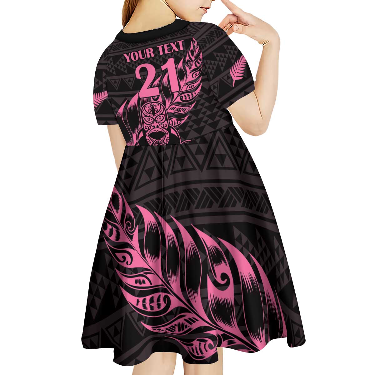 New Zealand Rugby Warrior Custom Kid Short Sleeve Dress Pink Fern Taniko Motif LT9 - Polynesian Pride