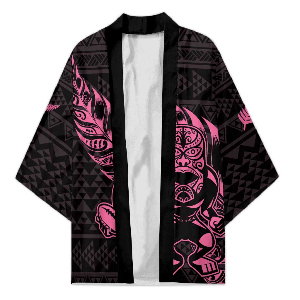 New Zealand Rugby Warrior Custom Kimono Pink Fern Taniko Motif - Polynesian Pride