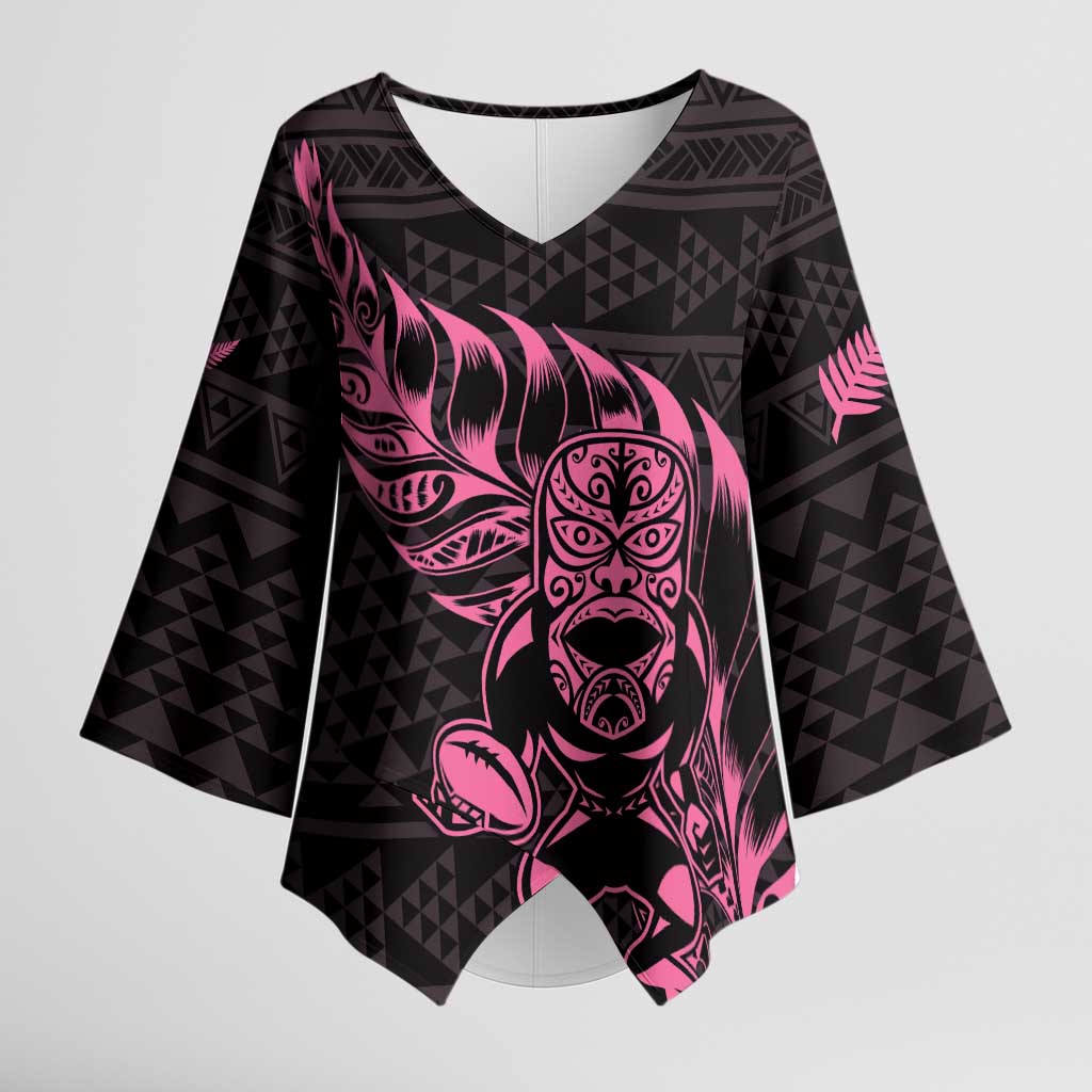New Zealand Rugby Warrior Custom Kimono Sleeve Blouse Pink Fern Taniko Motif LT9 Female Pink - Polynesian Pride